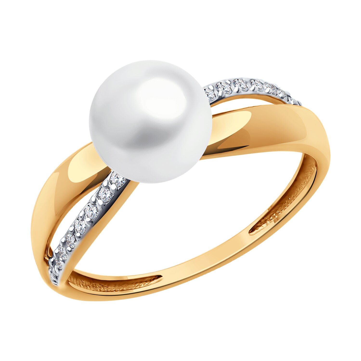 Кольцо из золота с жемчугом и фианитами