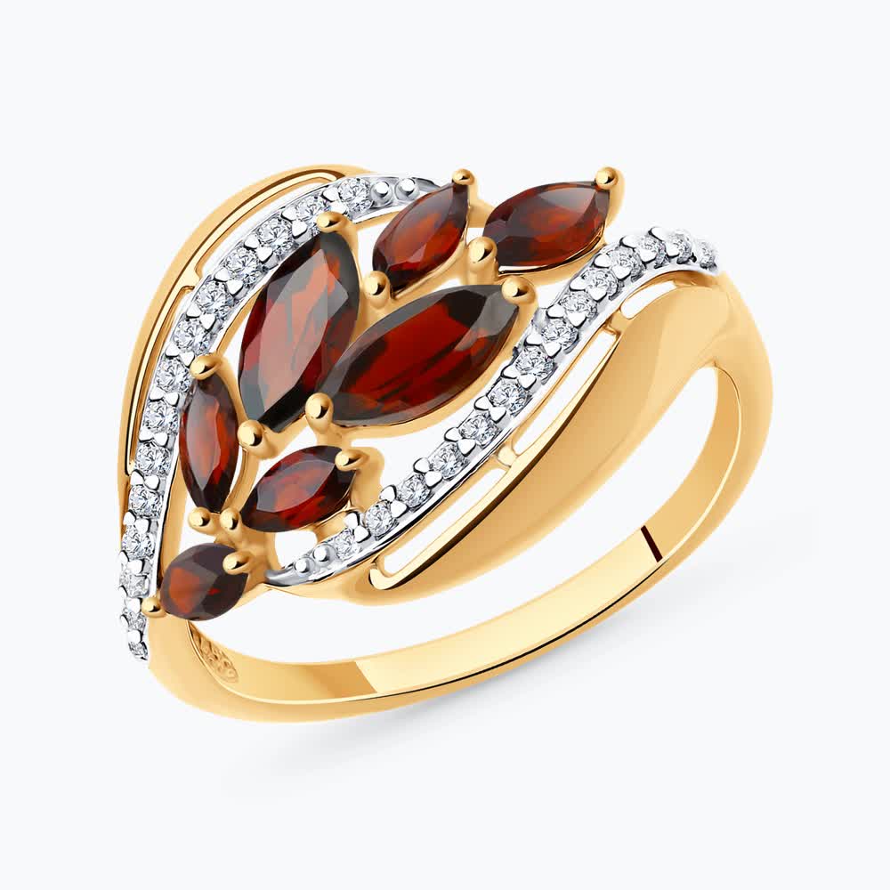 Кольцо из золота с гранатами и фианитами