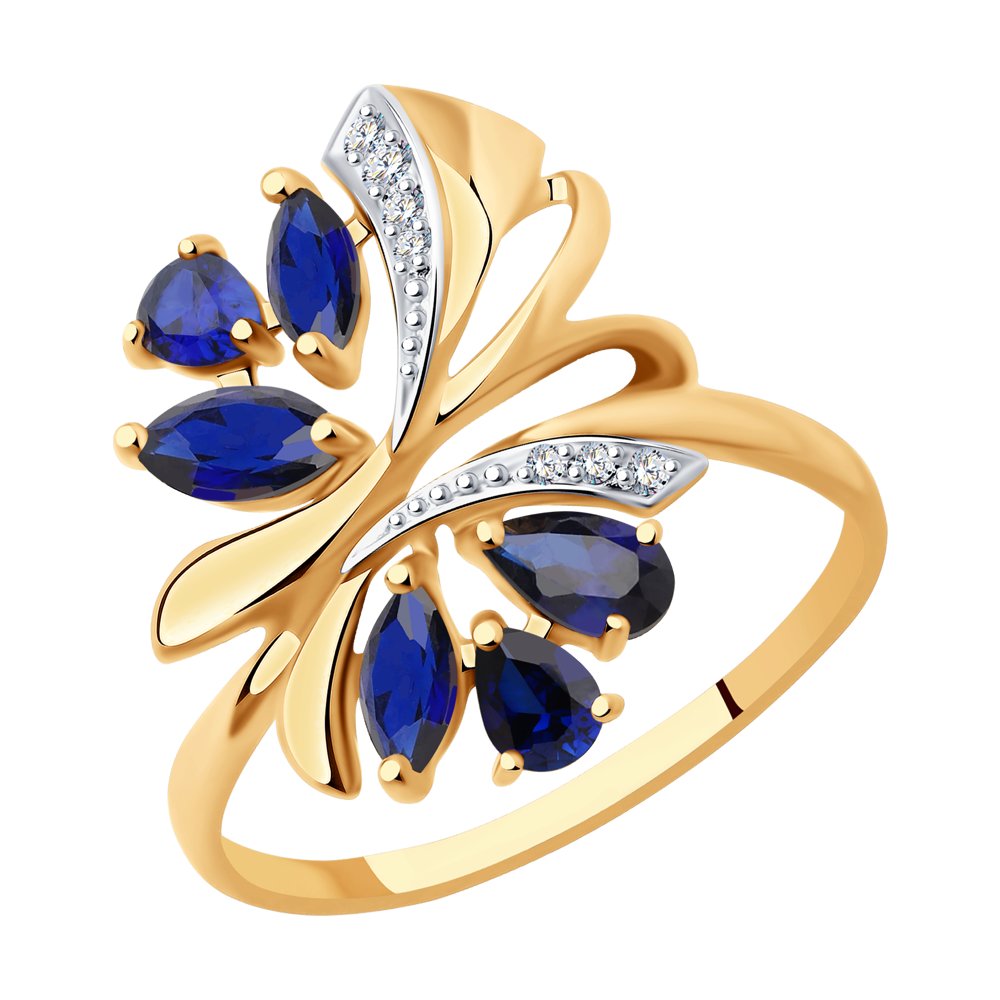 Кольцо из золота с синими корундами и фианитами