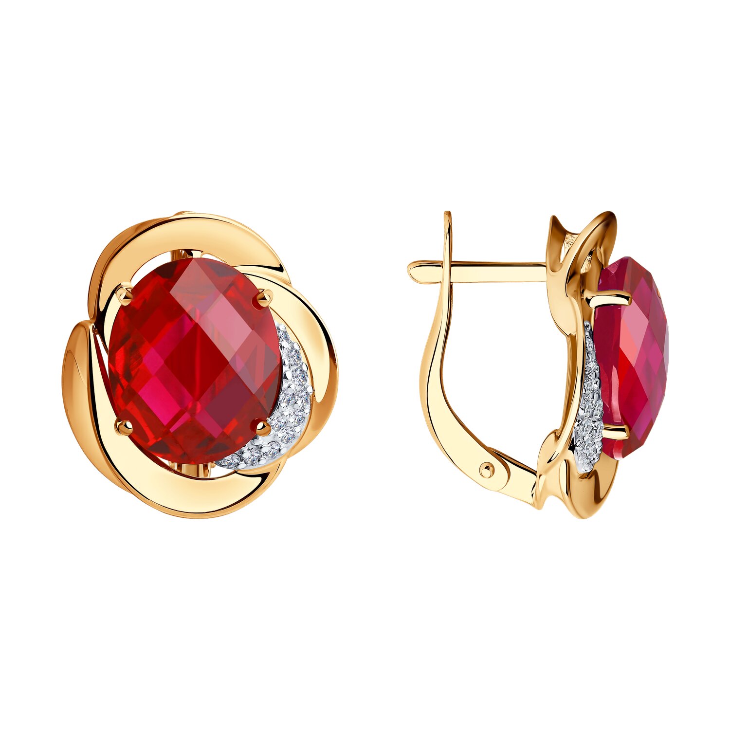 Серьги из золота с красными корунд (синт.) и фианитами