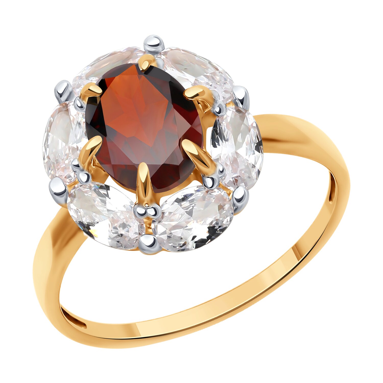 Кольцо из золота с гранатом и фианитами