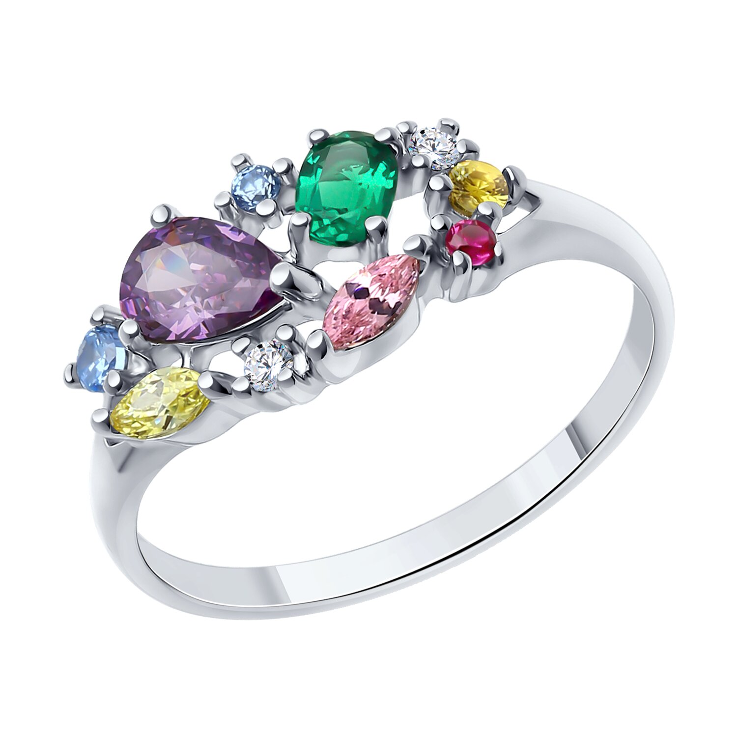 Кольцо из серебра с гидротермальным изумрудом, корундом и фианитами