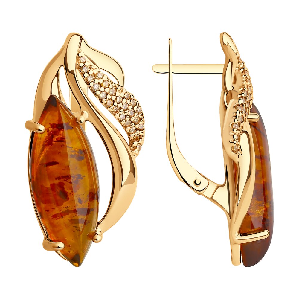 Серьги из золочёного серебра с жёлтыми фианитами и янтарём (пресс.)