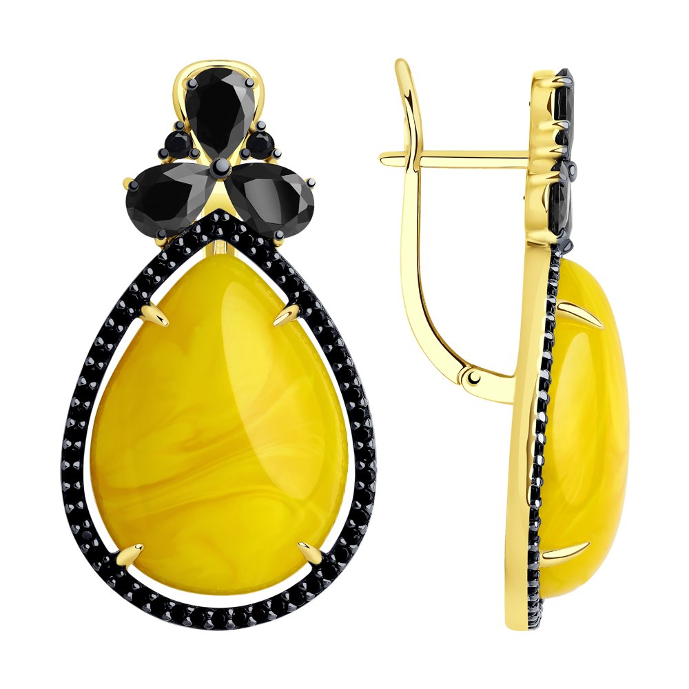 Серьги из золочёного серебра с фианитами и синтетическими янтарями