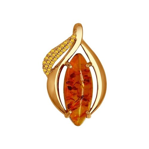 Подвеска из золочёного серебра с жёлтыми фианитами и янтарём (пресс.)