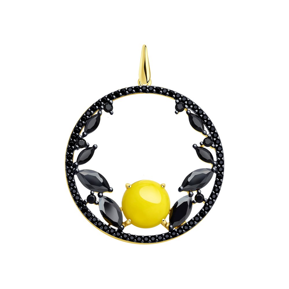 Подвеска из золочёного серебра с фианитами и синтетическим янтарём