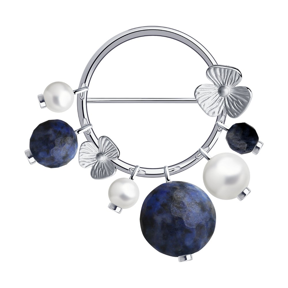 Брошь из серебра с содалитом и жемчугом Swarovski