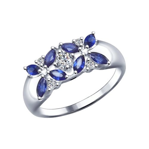 Кольцо из серебра с корундами сапфировыми (синт.) и фианитами