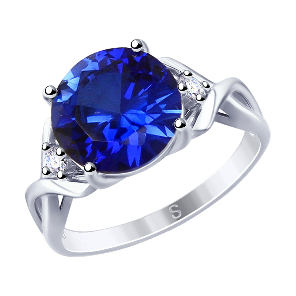 Кольцо из серебра с синим корундом (синт.) и фианитами