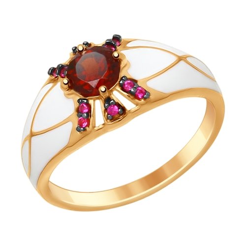 Inel din argint aurit cu zmalt, granat si fianite rosii