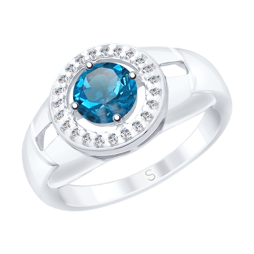 Кольцо из серебра с синим топазом и фианитами