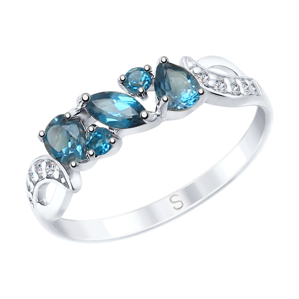 Кольцо из серебра с синими топазами и фианитами