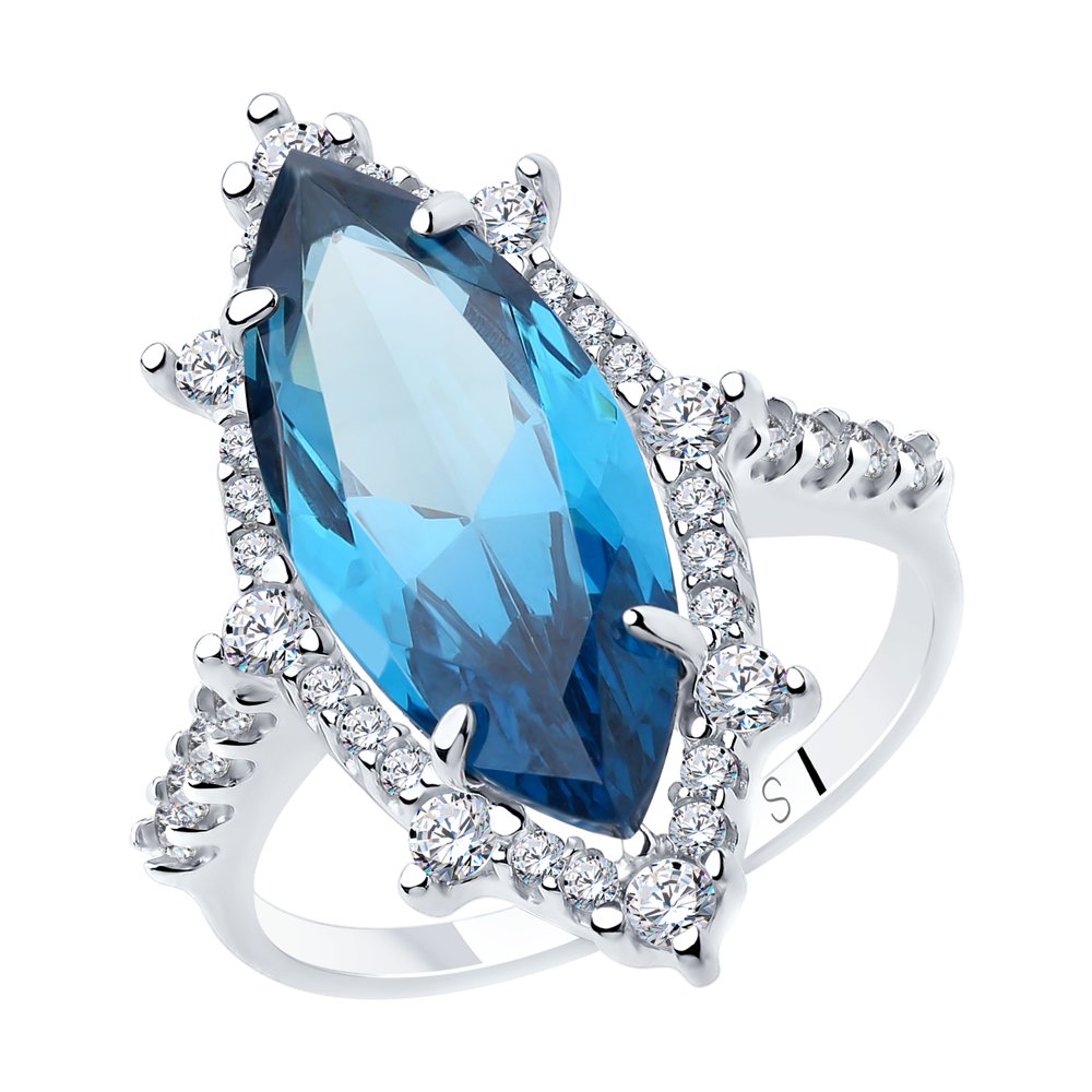 Кольцо из серебра с синим ситаллом и фианитами