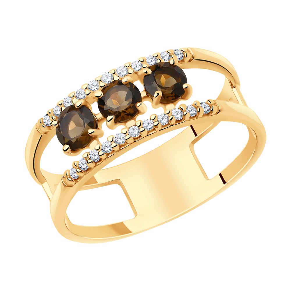 Кольцо из золочёного серебра с раухтопазами и фианитами