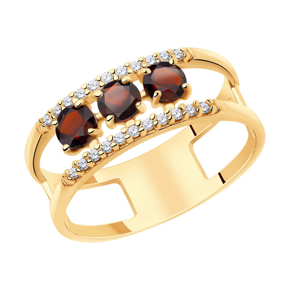 Кольцо из золочёного серебра с гранатами и фианитами