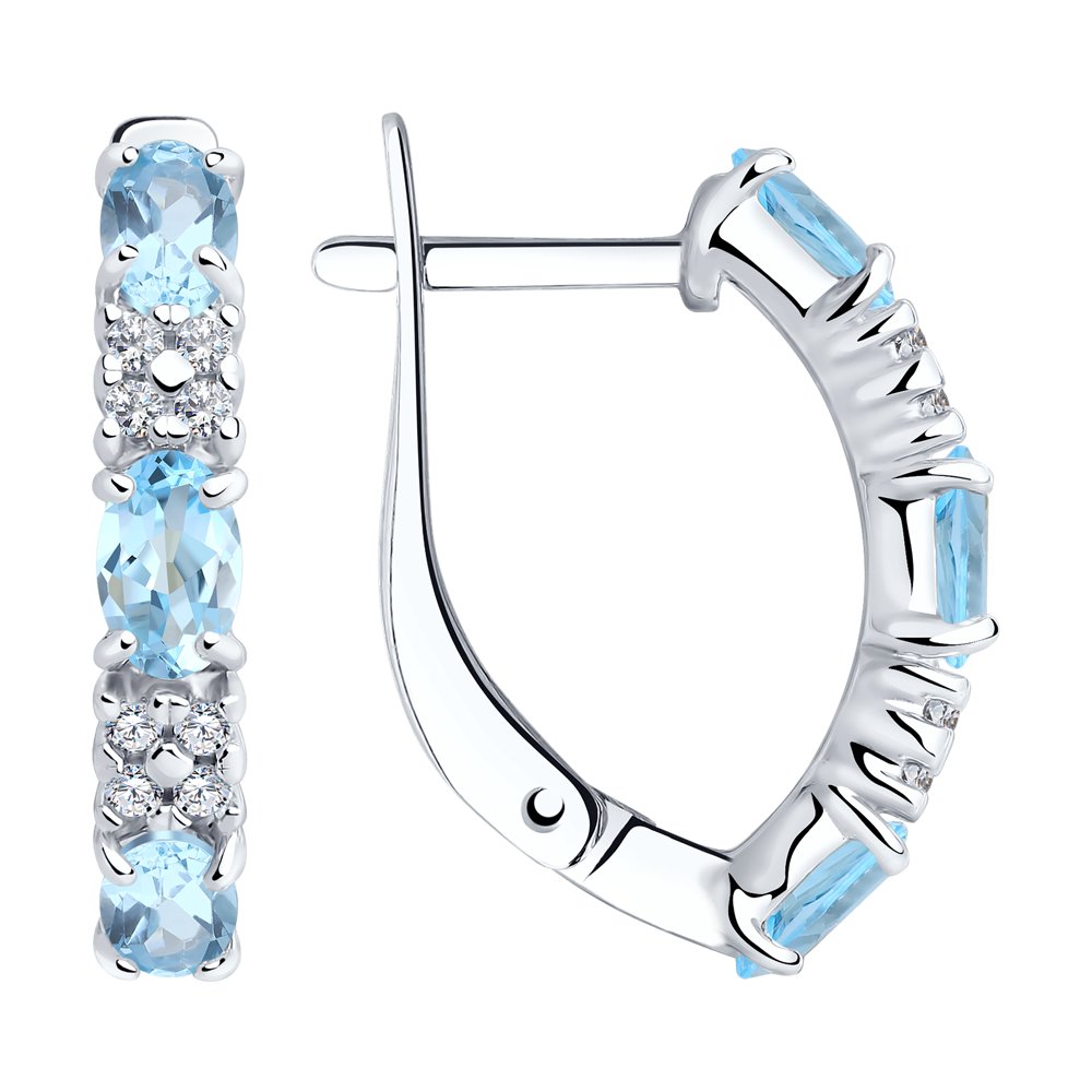 Серьги из серебра с голубыми топазами и фианитами