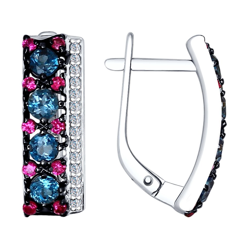 Серьги из серебра с топазами и бесцветными и красными фианитами