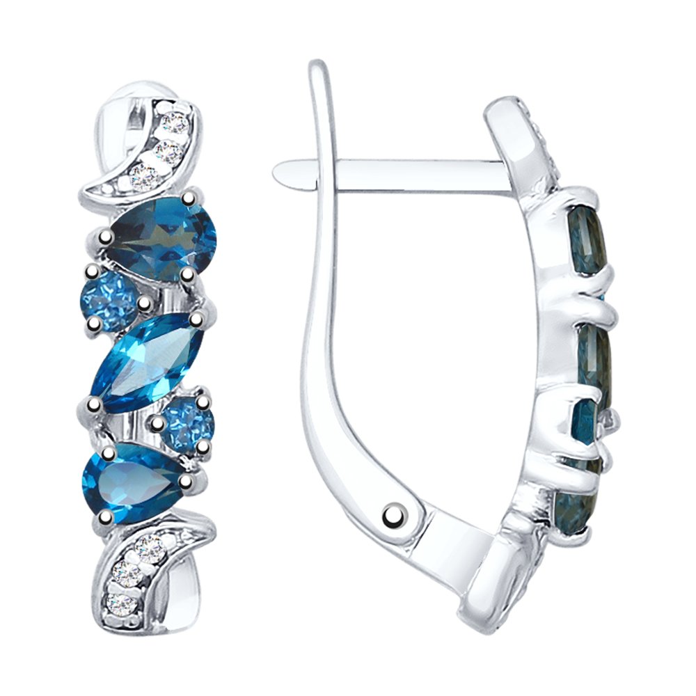 Серьги из серебра с синими топазами и фианитами