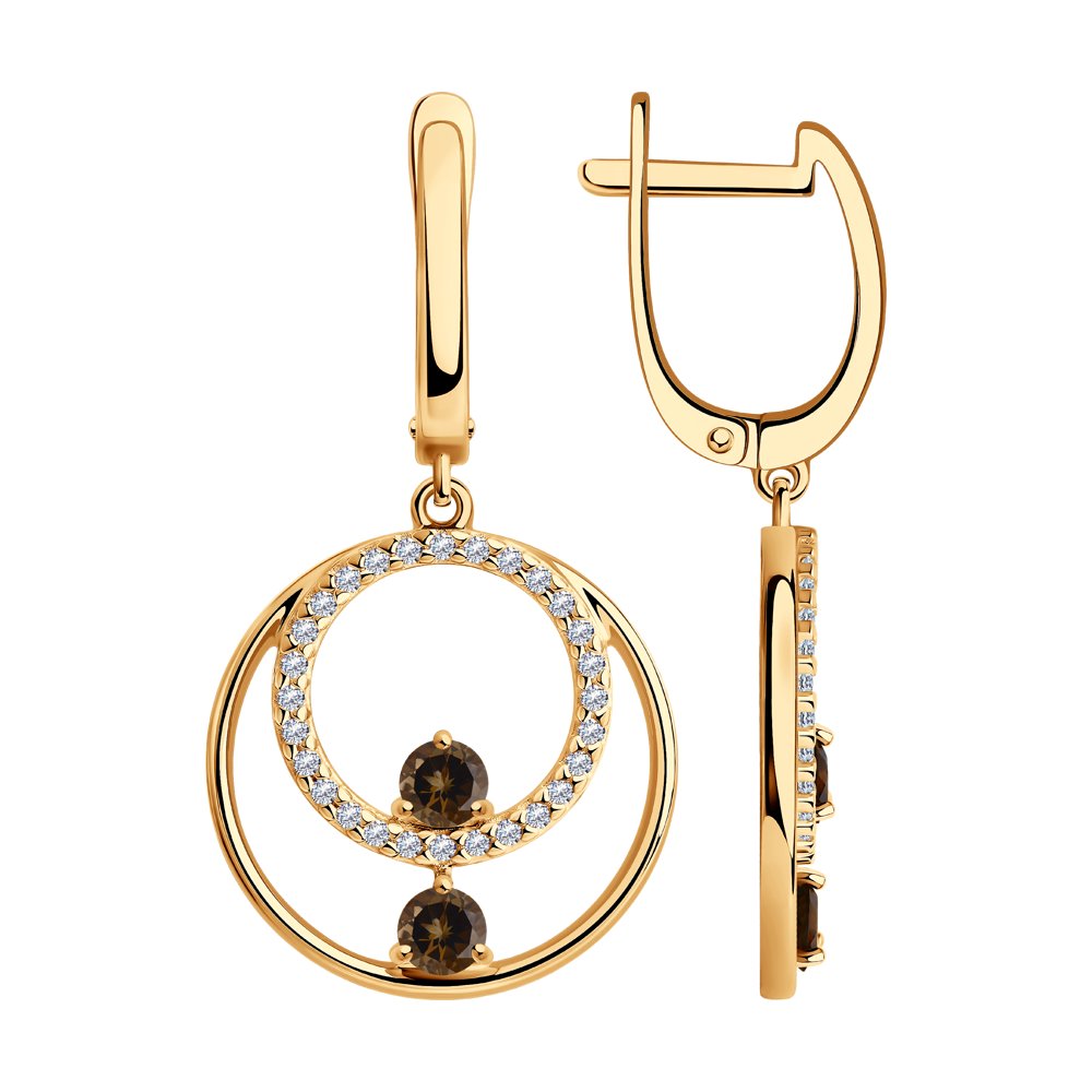 Серьги из золочёного серебра с раухтопазами и фианитами