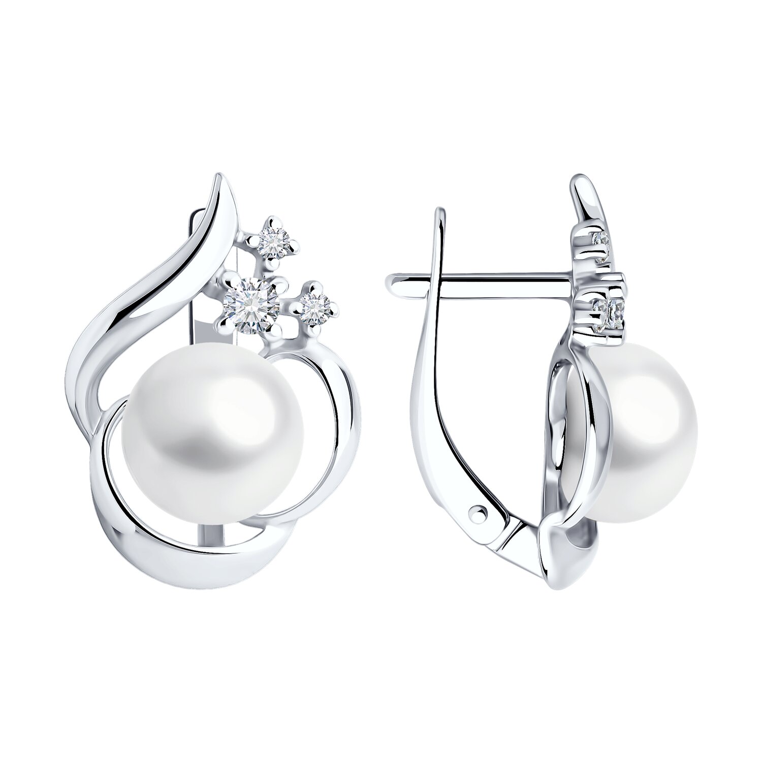 Серьги из серебра с жемчугом и фианитами