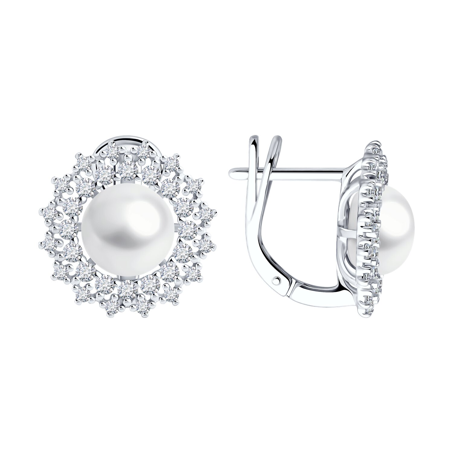 Серьги из серебра с жемчугом и фианитами