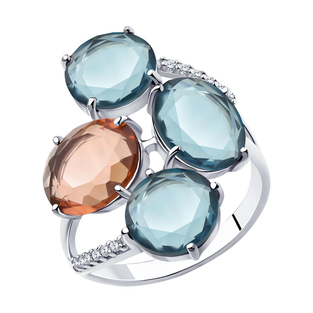 Кольцо из серебра со стеклянными вставками и фианитами