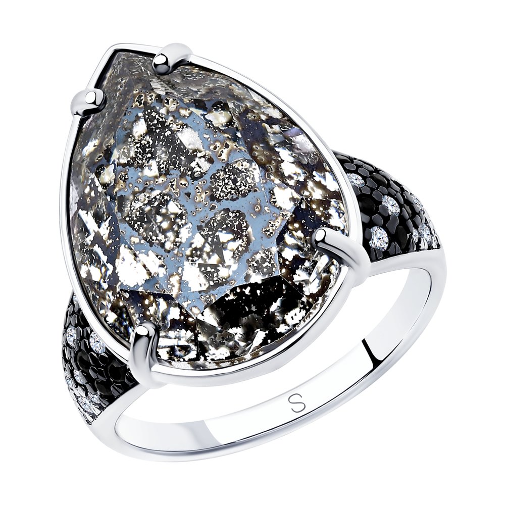 Кольцо из серебра с чёрным кристаллом Swarovski и фианитами