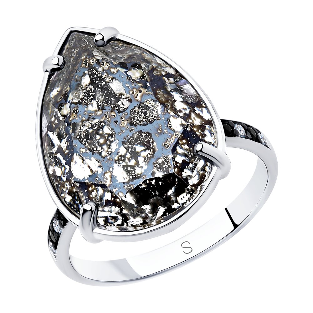Кольцо из серебра с чёрным кристаллом Swarovski и фианитами