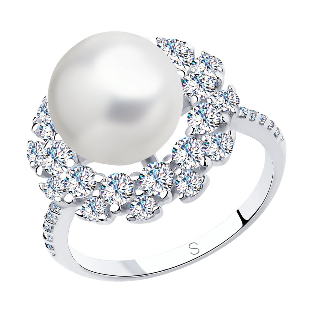 Кольцо из серебра с жемчугом и фианитами