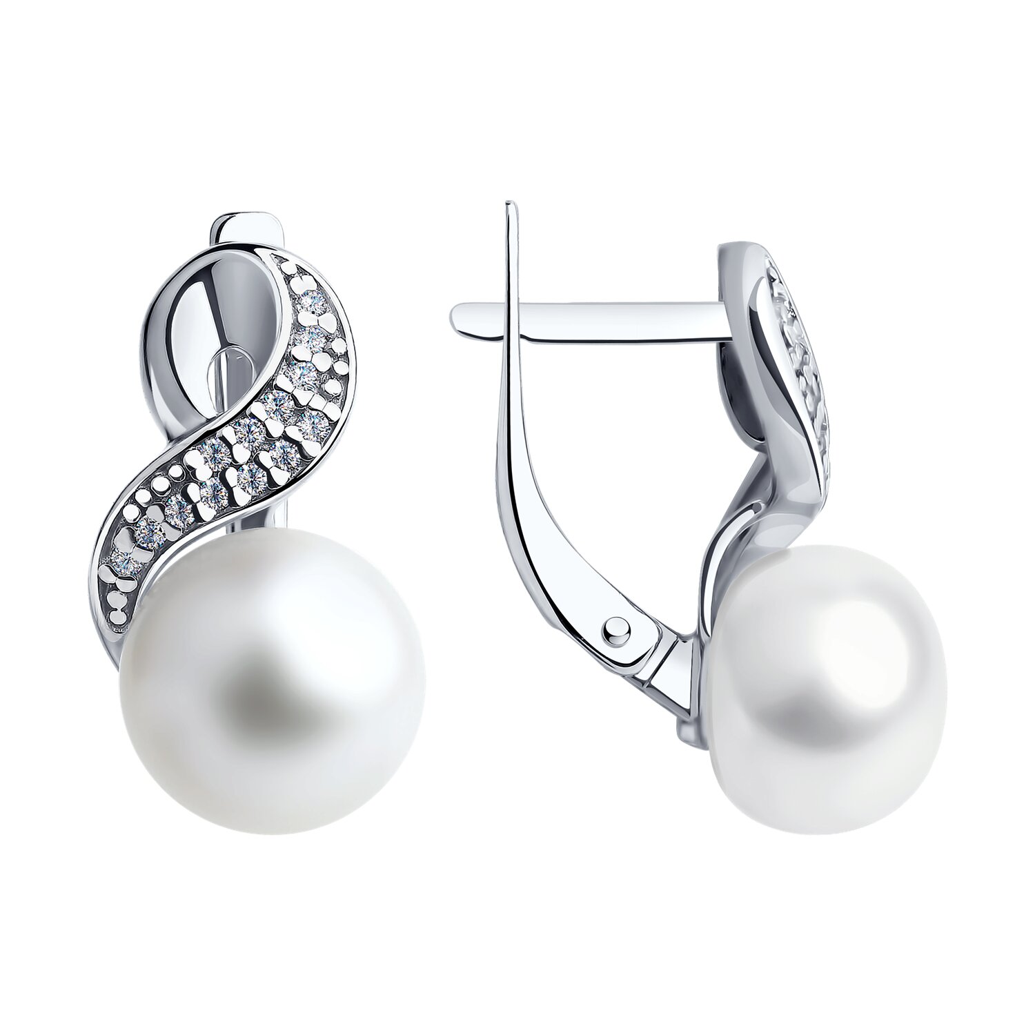 Серьги из серебра с жемчугом и фианитами