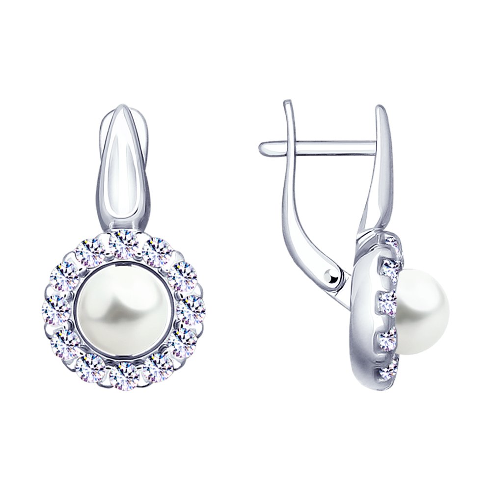 Серьги из серебра с жемчугом и фианитами