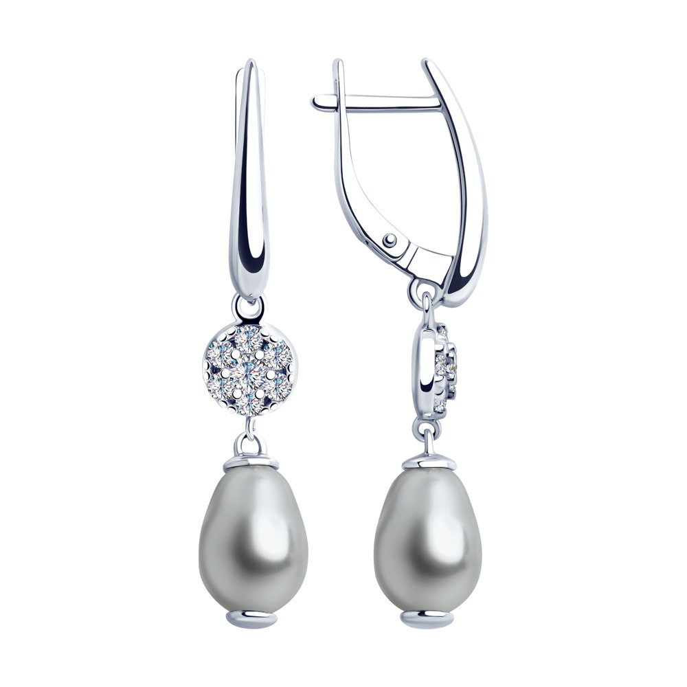 Серьги из серебра с жемчугом Swarovski и фианитами