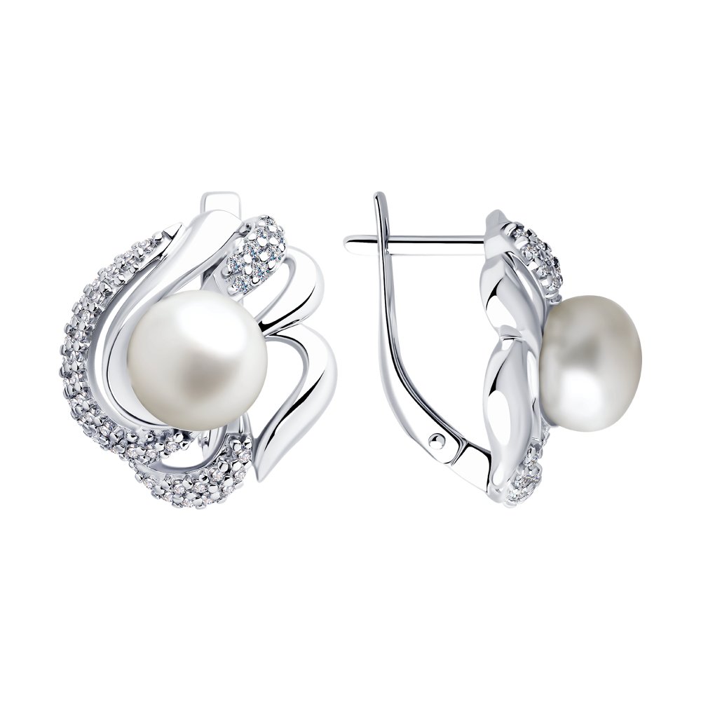 Серьги из серебра с жемчугом и фианитами