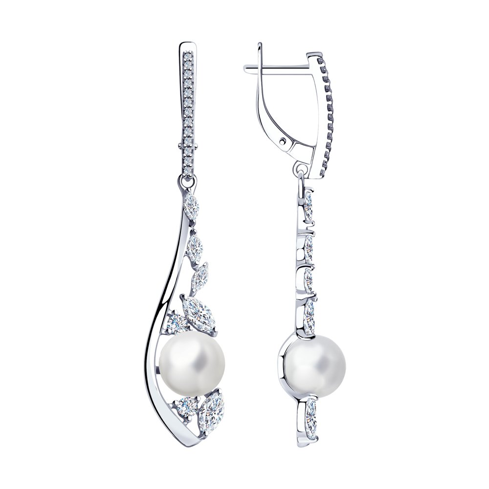 Серьги из серебра с жемчугом и фианитами
