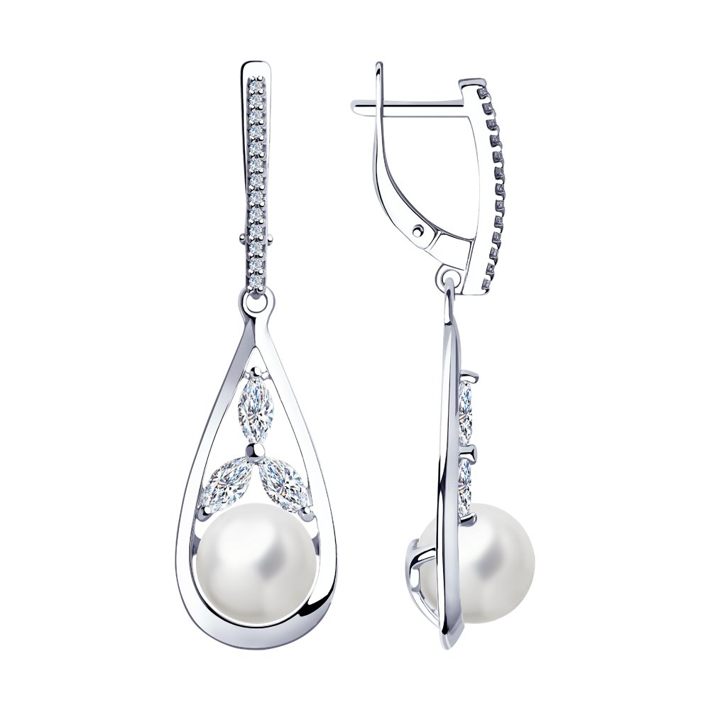 Серьги из серебра с жемчугом и фианитами